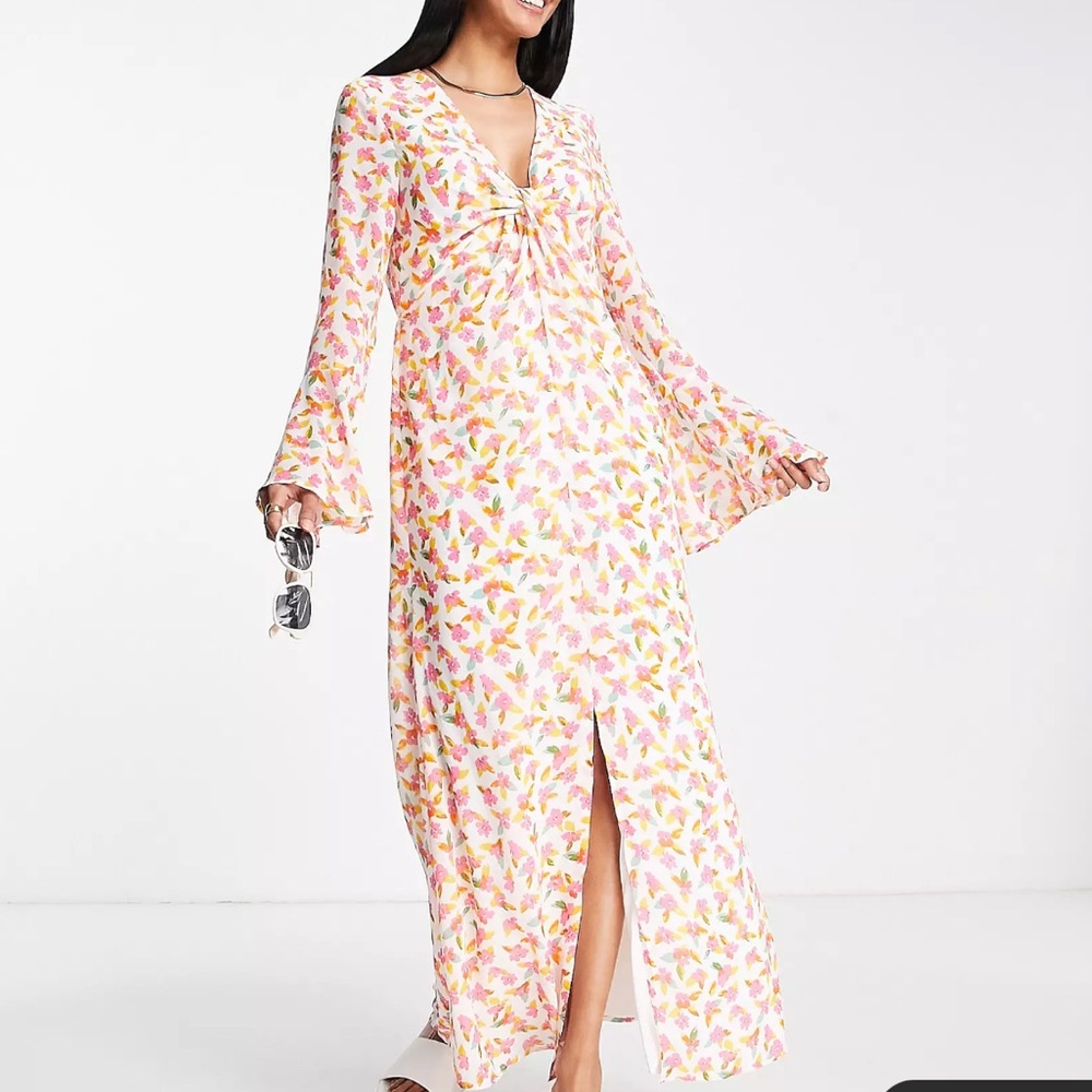 Vila maxi dress with fluted sleeves in floral print pink white 38  US6 - Picture 2 of 9